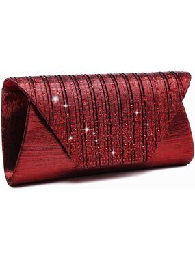 Women’s Burgundy Clutch Purse With Detachable Chain Wedding Formal Evening Bag